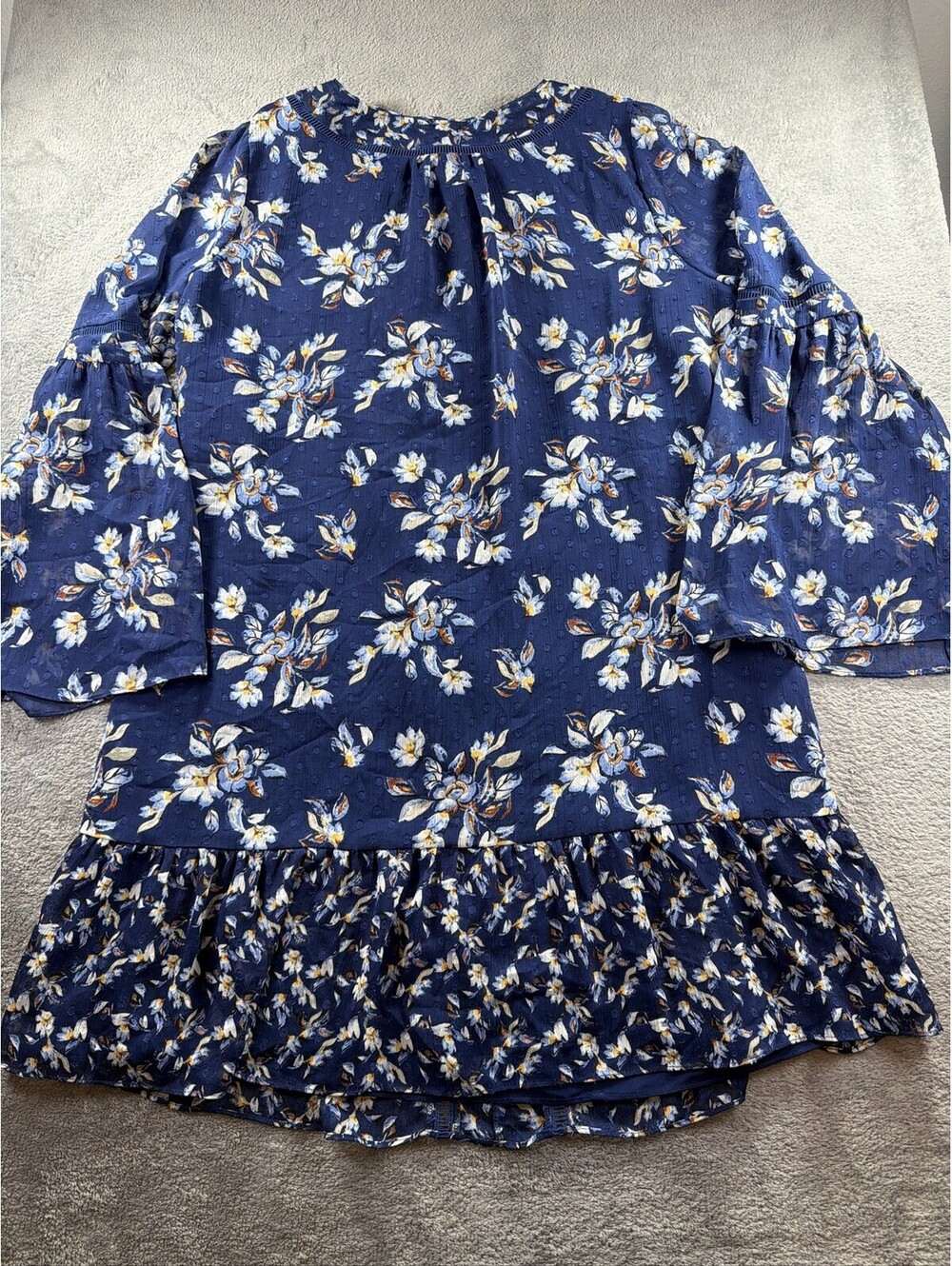 White House Black Market Dress L Blue Floral Boho Tassel Tie Bell Sleeve - Picture 6 of 12